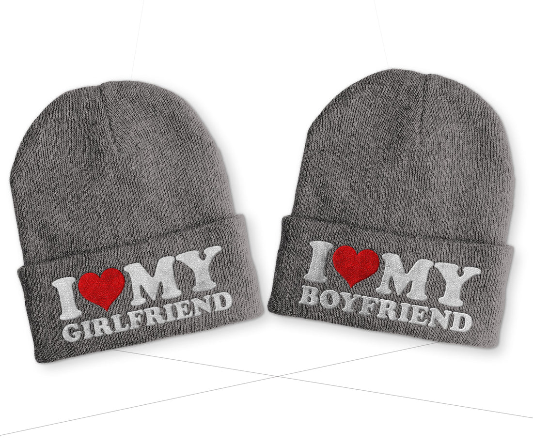 I love my Boyfriend | Girlfriend Duo Statement Wintermütze Beanie Partnermützen - Grau