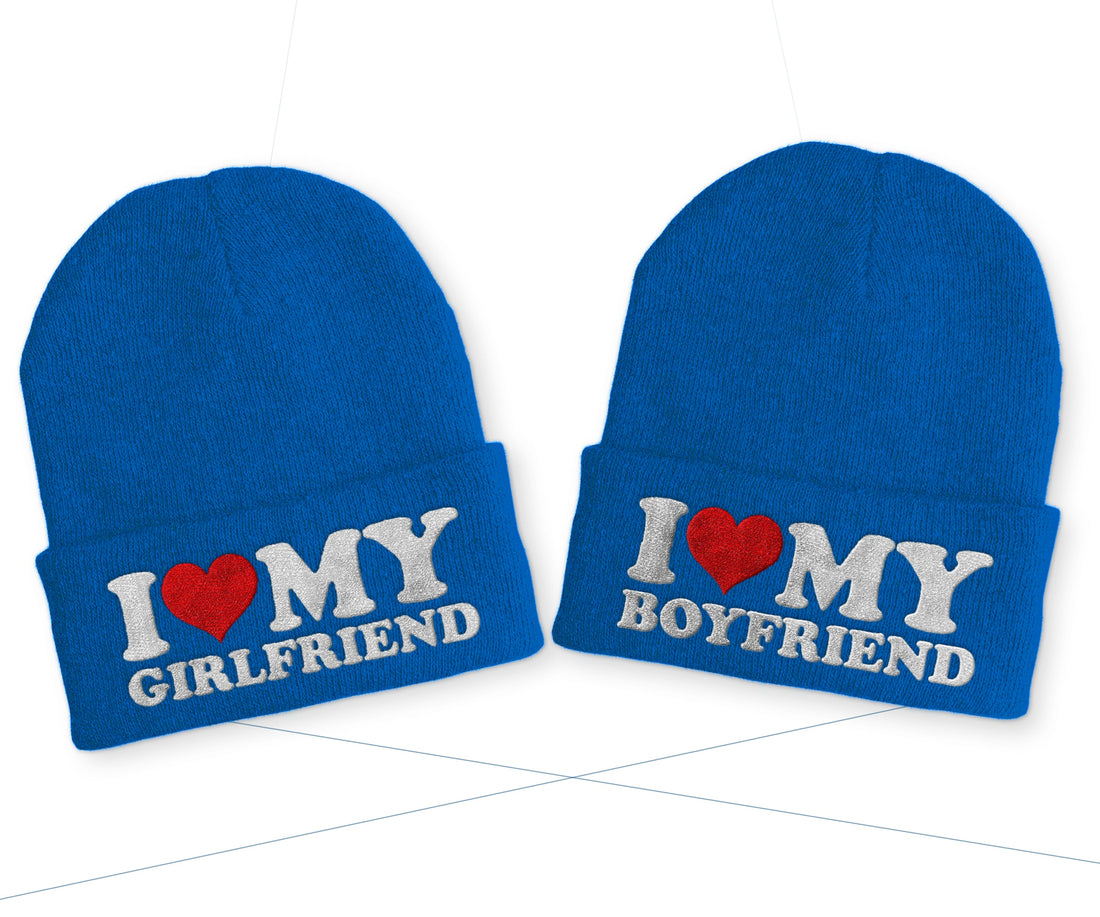 I love my Boyfriend | Girlfriend Duo Statement Wintermütze Beanie Partnermützen - Blau