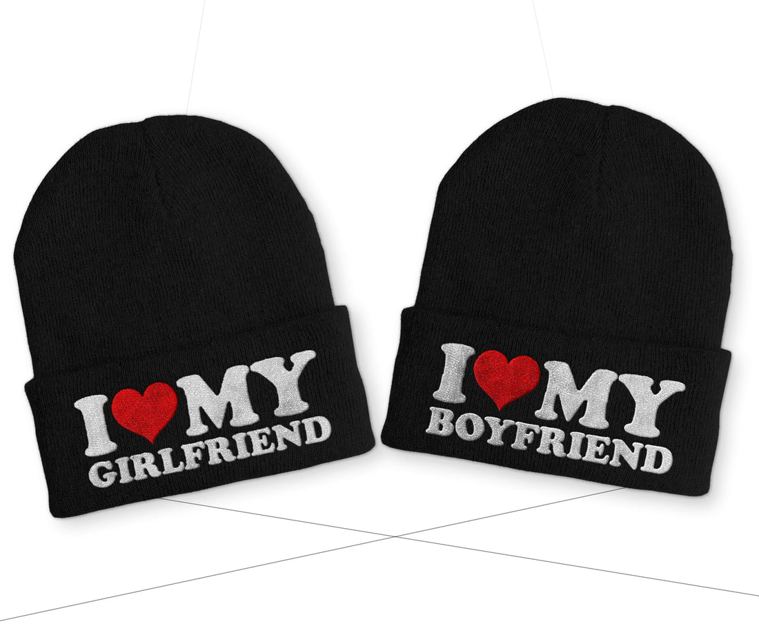 I love my Boyfriend | Girlfriend Duo Statement Wintermütze Beanie Partnermützen - Schwarz