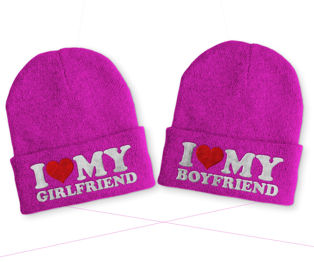 I love my Boyfriend | Girlfriend Duo Statement Wintermütze Beanie Partnermützen - Pink