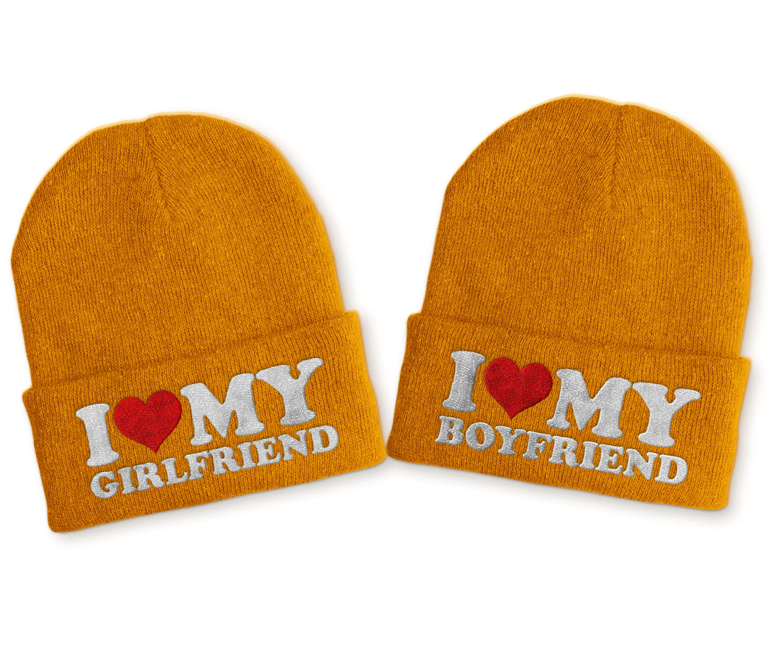 I love my Boyfriend | Girlfriend Duo Statement Wintermütze Beanie Partnermützen - Mustard