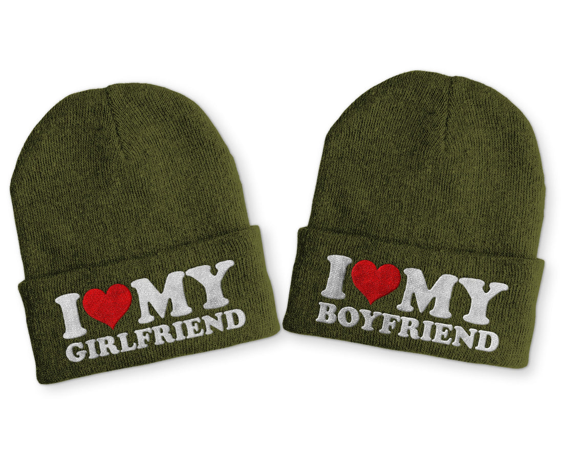 I love my Boyfriend | Girlfriend Duo Statement Wintermütze Beanie Partnermützen - Olive