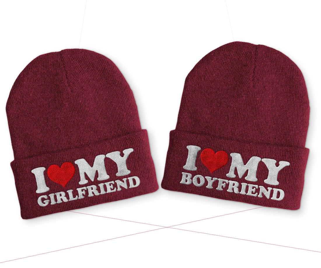 I love my Boyfriend | Girlfriend Duo Statement Wintermütze Beanie Partnermützen - Bordeaux