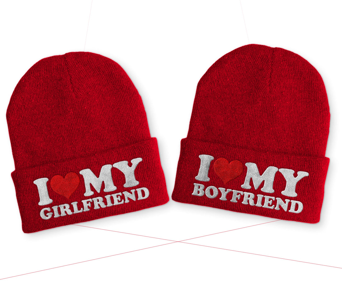 I love my Boyfriend | Girlfriend Duo Statement Wintermütze Beanie Partnermützen - Rot