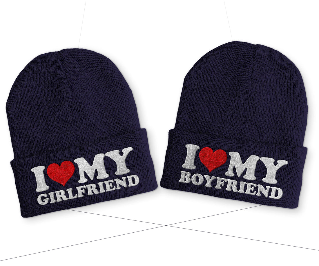I love my Boyfriend | Girlfriend Duo Statement Wintermütze Beanie Partnermützen - Navy