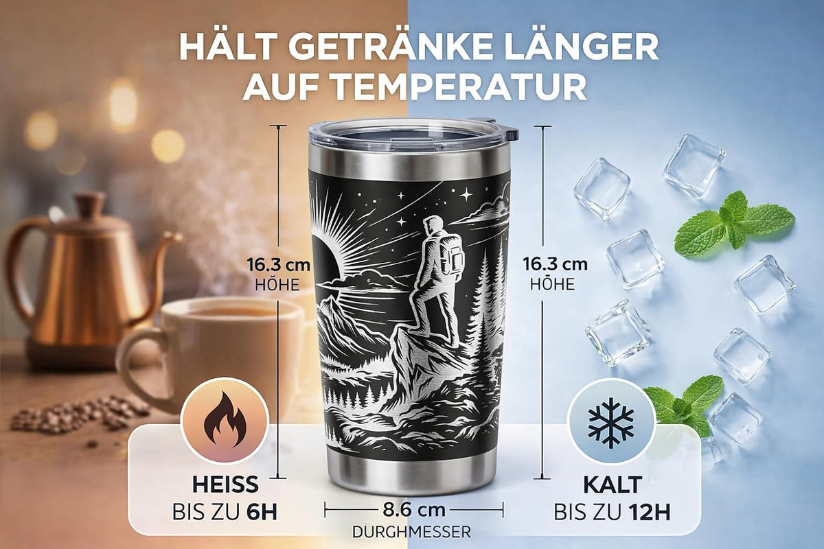 Thermobecher Berglandschaft Wanderer Lasergravur Isolierbecher recycelter Edelstahl Keramik Innenbeschichtung Gipfel Natur Sternenhimmel mit Deckel 500 ml SCHWARZ