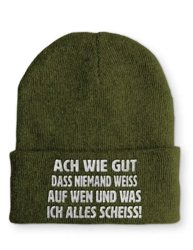 
                      
                        Ach wie gut das niemand weiss auf wen und was ich alles scheiss! Statement Mütze mit Spruch - Olive
                      
                    