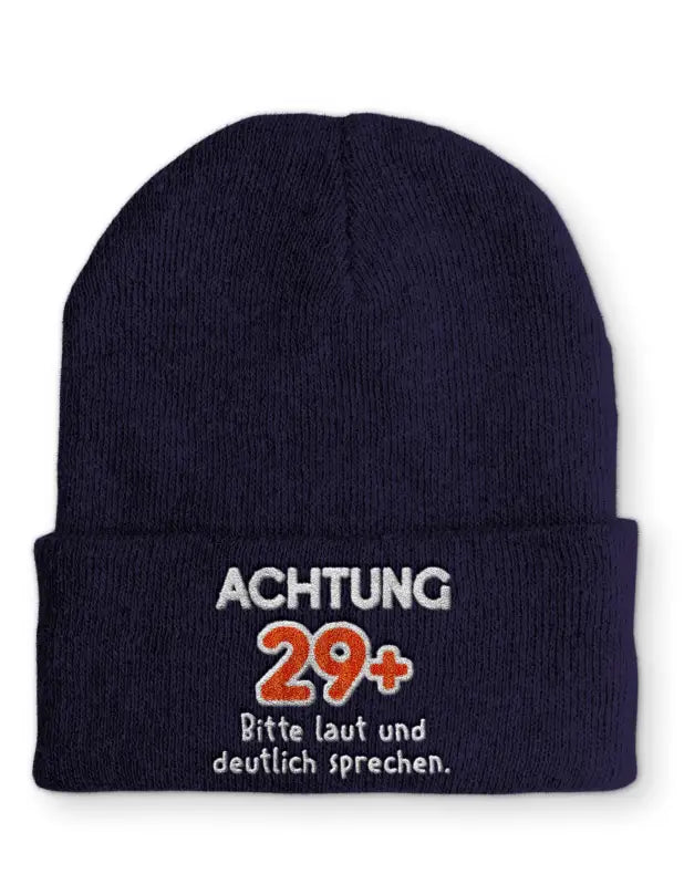 
                  
                    Achtung 29 + Bitte laut und deutlich sprechen. Statement Beanie Mütze mit Spruch - Navy
                  
                