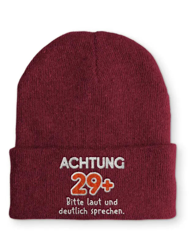 
                  
                    Achtung 29 + Bitte laut und deutlich sprechen. Statement Beanie Mütze mit Spruch - Bordeaux
                  
                