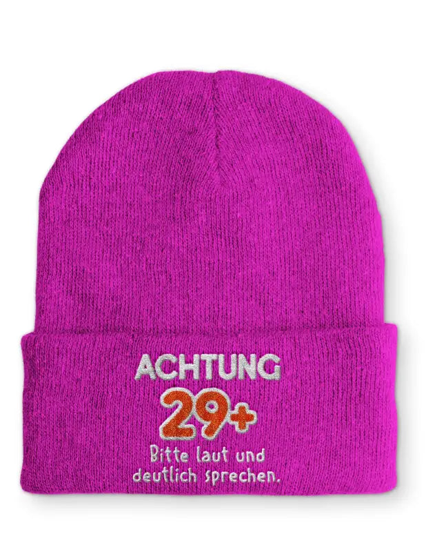 
                  
                    Achtung 29 + Bitte laut und deutlich sprechen. Statement Beanie Mütze mit Spruch - Pink
                  
                