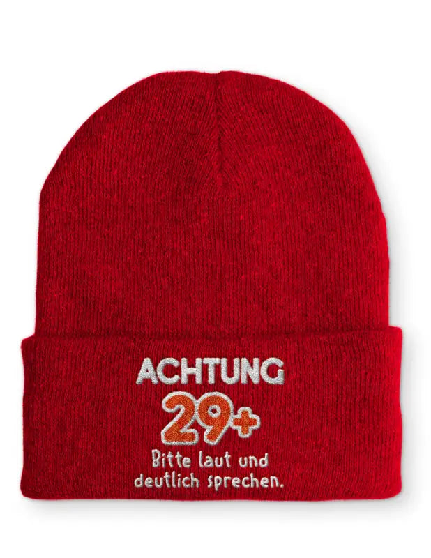 
                  
                    Achtung 29 + Bitte laut und deutlich sprechen. Statement Beanie Mütze mit Spruch - Rot
                  
                