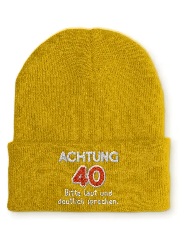 
                      
                        Achtung 40 Bitte laut und deutlich sprechen. Statement Beanie Mütze mit Spruch - Mustard
                      
                    