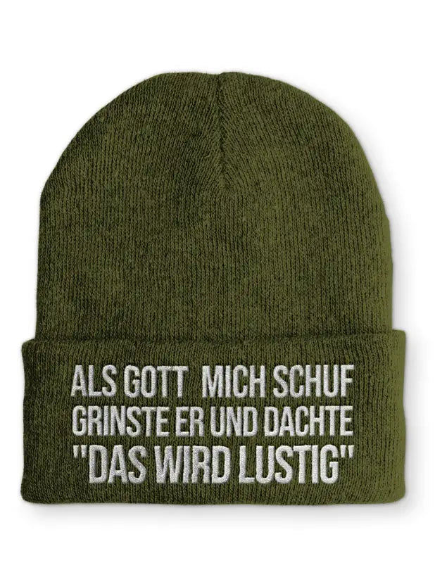 
                      
                        Als Gott mich schuf grinste er und dachte ’Das wird lustig’ Statement Mütze mit Spruch - Olive
                      
                    