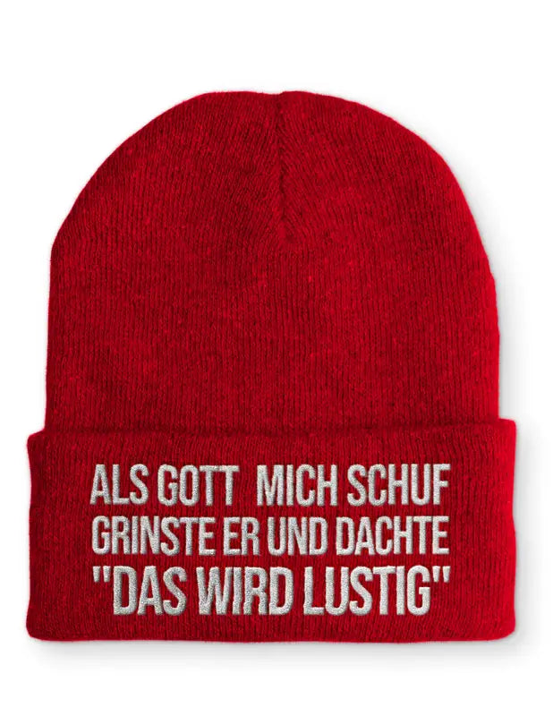 
                      
                        Als Gott mich schuf grinste er und dachte ’Das wird lustig’ Statement Mütze mit Spruch - Rot
                      
                    