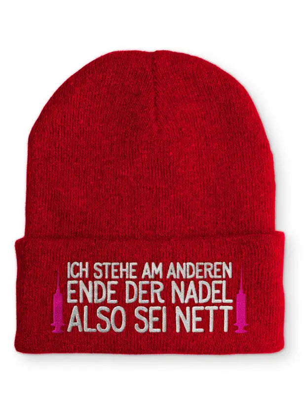 
                  
                    Arzthelferin Ich stehe am anderen Ende der Nadel Statement Beanie Mütze mit Spruch - Rot
                  
                