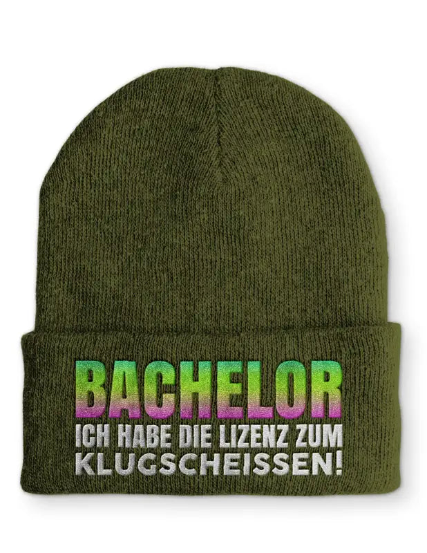 
                      
                        Bachelor Ich habe die Lizenz zum klugscheissen Statement Beanie Mütze mit Spruch - Olive
                      
                    