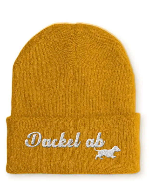 Beanie Mütze Dackel ab Dackelfan Statement mit Spruch - Mustard