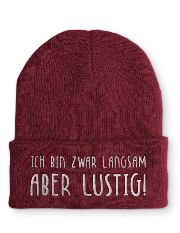 
                      
                        Beanie Mütze Ich bin zwar langsam aber lustig! nach Statement mit Spruch - Bordeaux
                      
                    