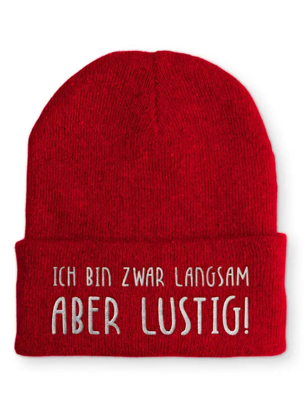 
                      
                        Beanie Mütze Ich bin zwar langsam aber lustig! nach Statement mit Spruch - Rot
                      
                    