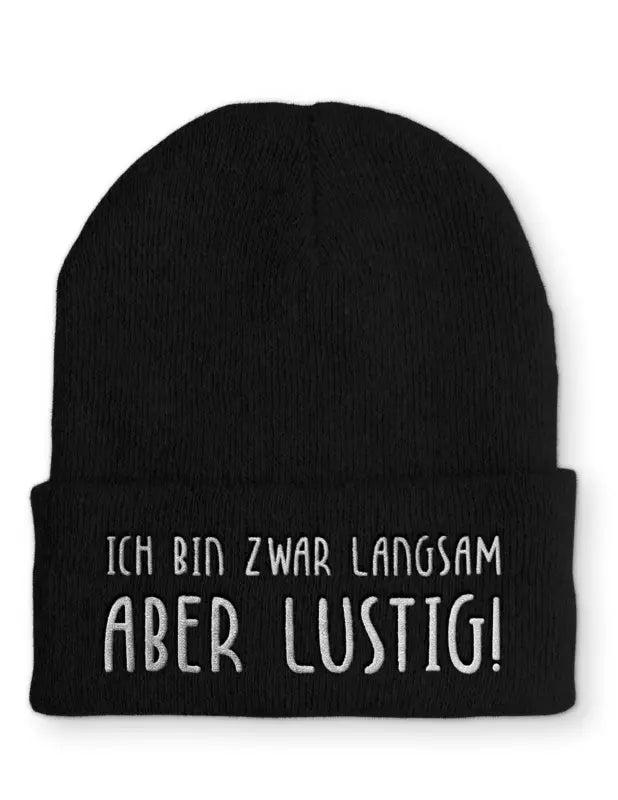 
                      
                        Beanie Mütze Ich bin zwar langsam aber lustig! nach Statement mit Spruch - Black
                      
                    