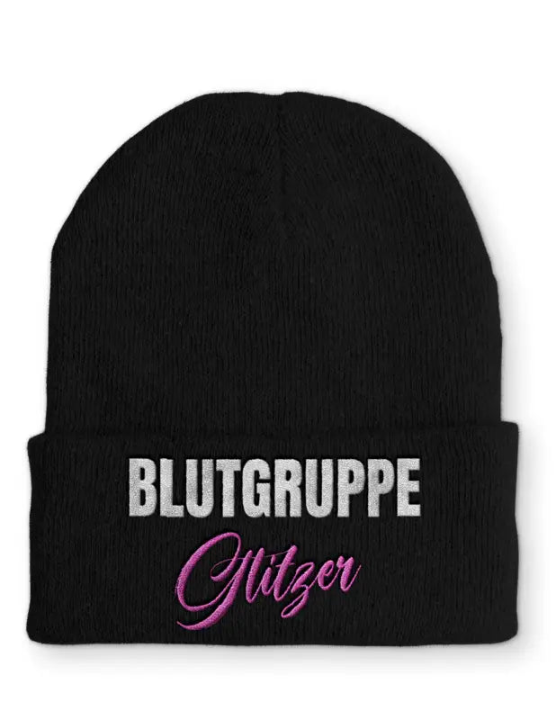 Blutgruppe Glitzer Statement Beanie Mütze mit Spruch - Black