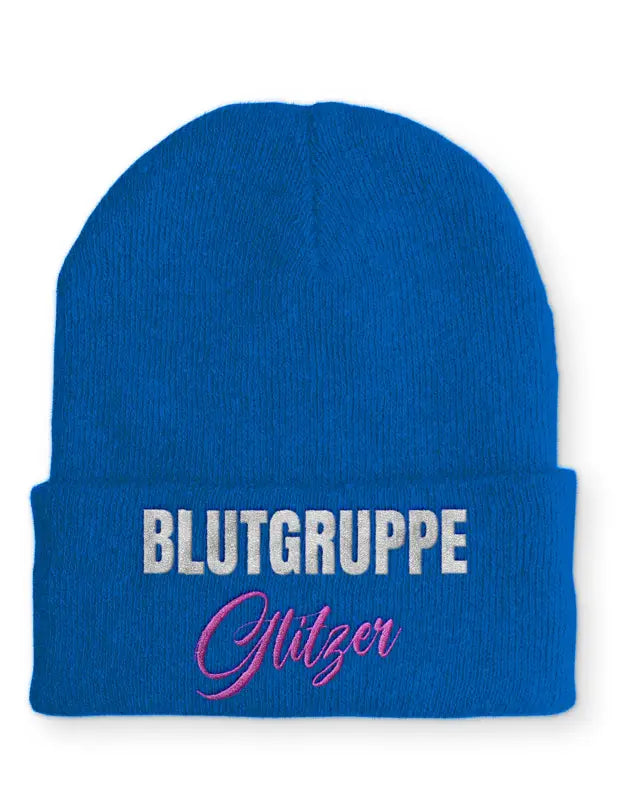 Blutgruppe Glitzer Statement Beanie Mütze mit Spruch - Royal