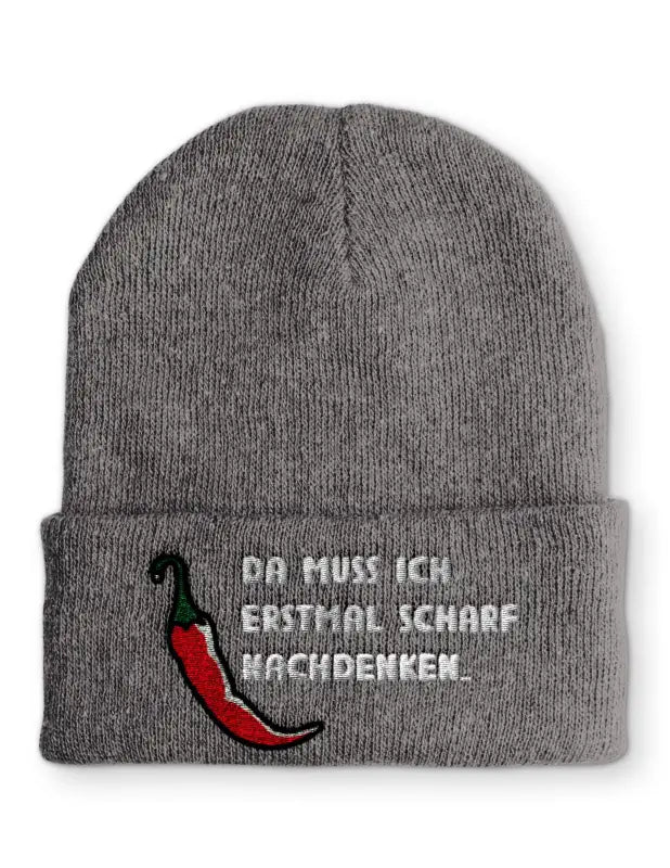 Da muss ich erstmal scharf nachdenken... Wintermütze Spruchmütze Beanie perfekt für die kalte Jahreszeit - Grau