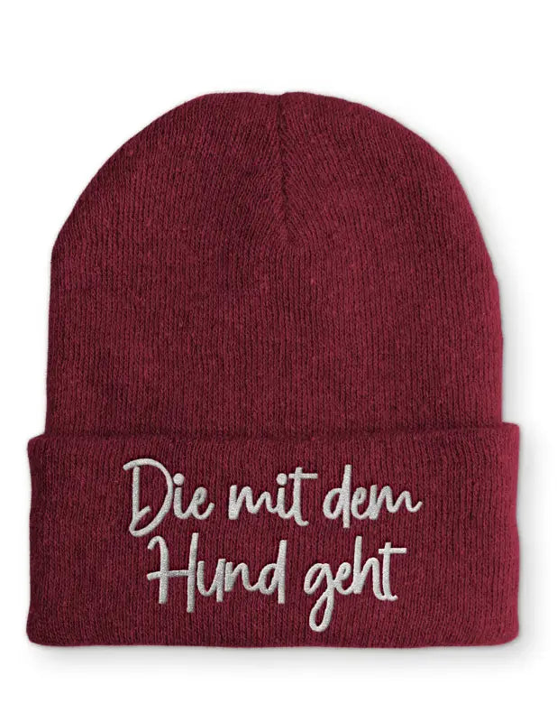 
                      
                        Die mit dem Hund geht Statement Beanie Mütze Spruch - Bordeaux
                      
                    