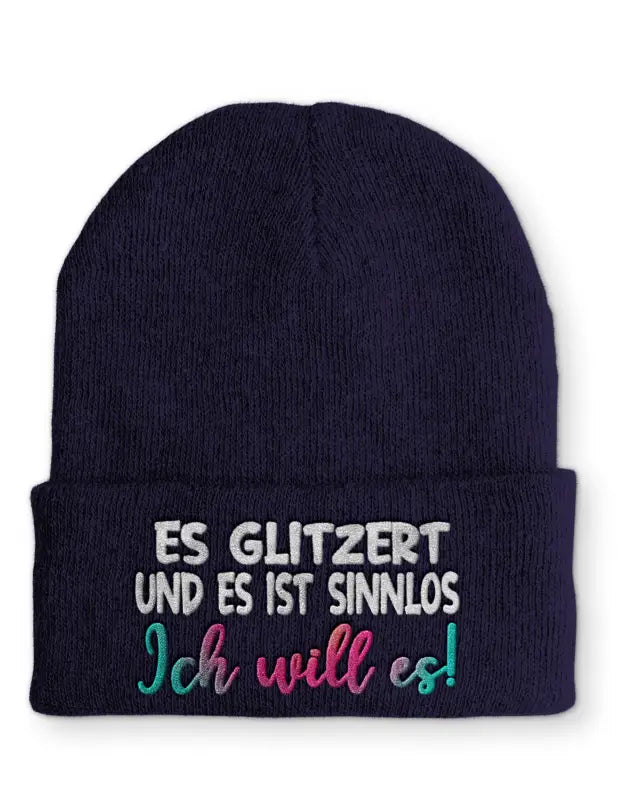 
                      
                        Es glitzert und ist sinnlos Ich will es! Statement Beanie Mütze mit Spruch - Navy
                      
                    