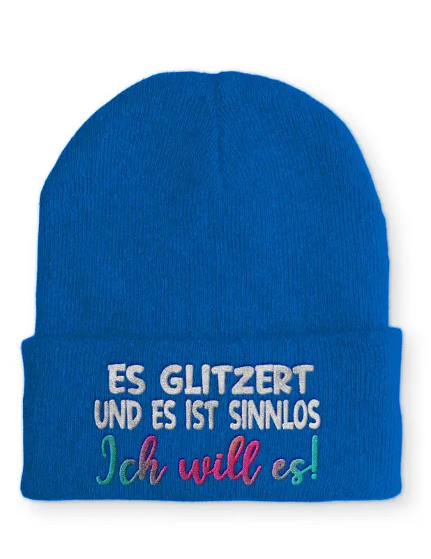 
                      
                        Es glitzert und ist sinnlos Ich will es! Statement Beanie Mütze mit Spruch - Royal
                      
                    