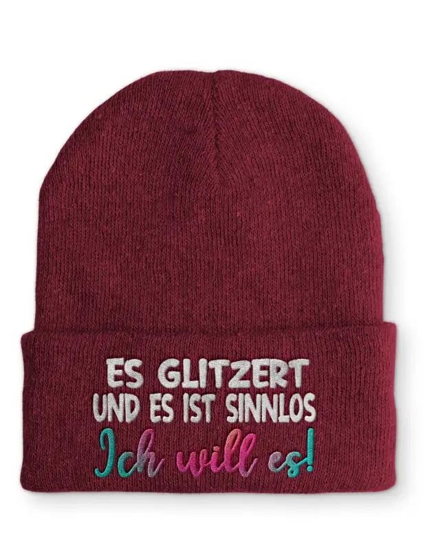 
                      
                        Es glitzert und ist sinnlos Ich will es! Statement Beanie Mütze mit Spruch - Bordeaux
                      
                    