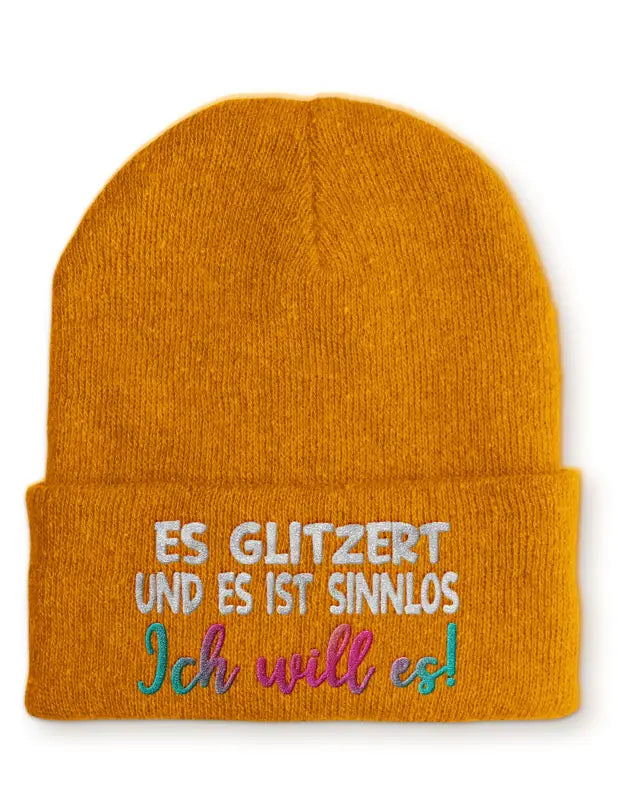 
                      
                        Es glitzert und ist sinnlos Ich will es! Statement Beanie Mütze mit Spruch - Mustard
                      
                    