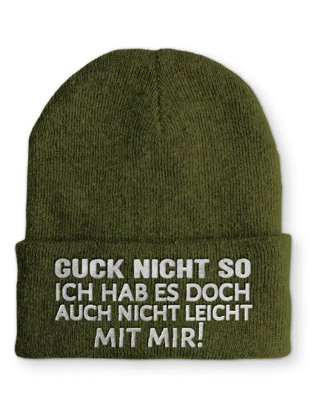 
                      
                        Guck nicht so Ich hab es doch auch leicht mit mir! Statement Beanie Mütze Spruch - Olive
                      
                    