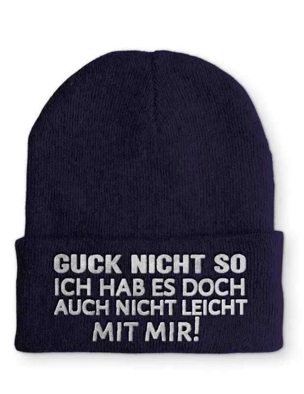 
                      
                        Guck nicht so Ich hab es doch auch leicht mit mir! Statement Beanie Mütze Spruch - Navy
                      
                    