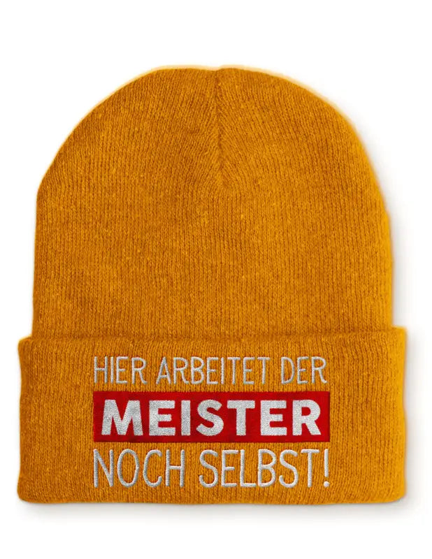 
                      
                        Hier arbeitet der Meister noch selbst! Statement Beanie Mütze mit Spruch - Mustard
                      
                    