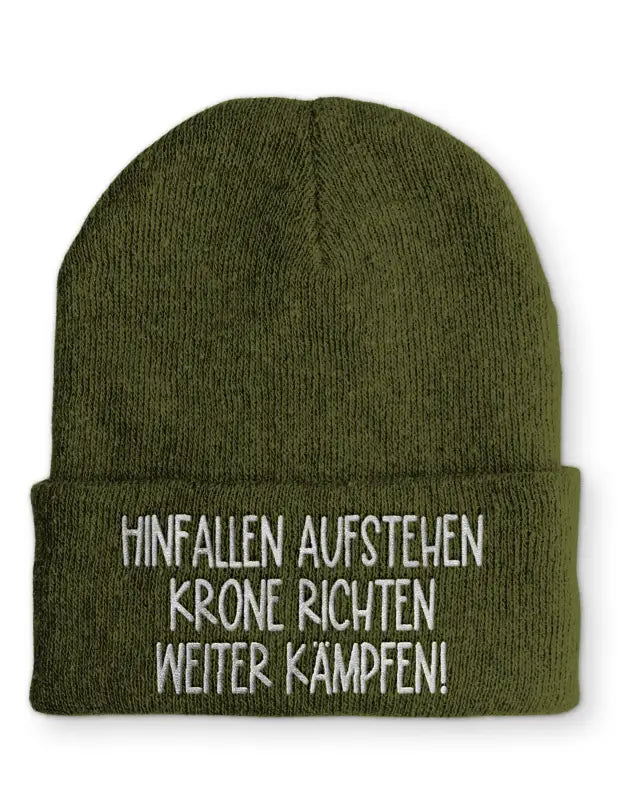 
                  
                    Hinfallen aufstehen Krone richten weiter Kämpfen! Statement Beanie Mütze mit Spruch - Olive
                  
                