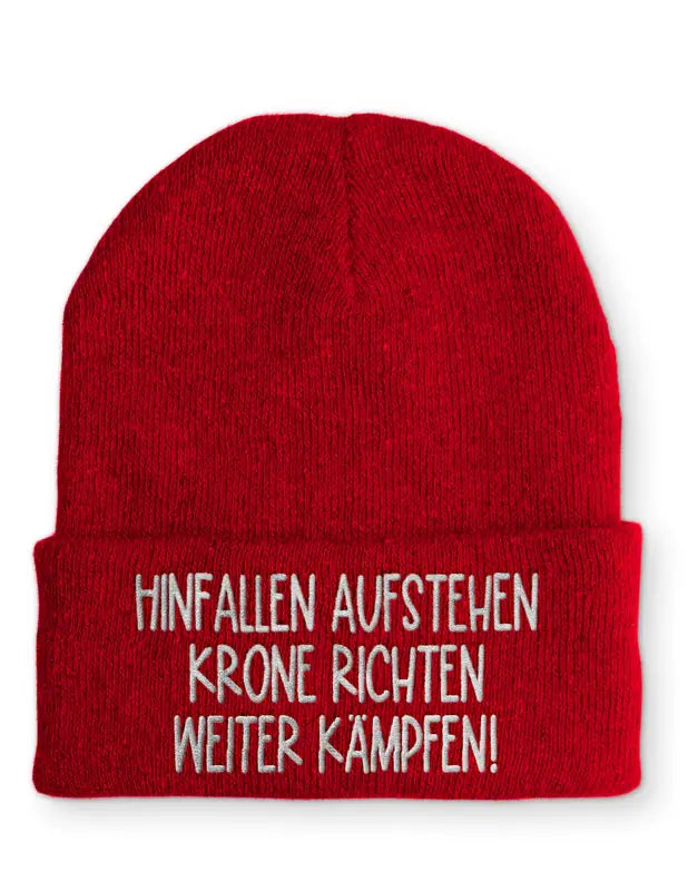 
                  
                    Hinfallen aufstehen Krone richten weiter Kämpfen! Statement Beanie Mütze mit Spruch - Rot
                  
                