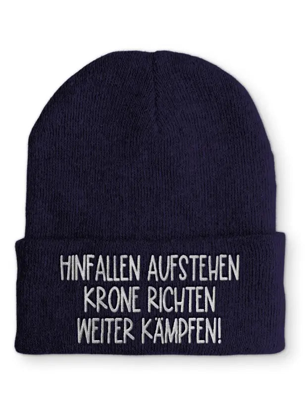 
                  
                    Hinfallen aufstehen Krone richten weiter Kämpfen! Statement Beanie Mütze mit Spruch - Navy
                  
                