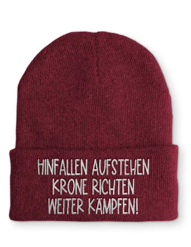 
                  
                    Hinfallen aufstehen Krone richten weiter Kämpfen! Statement Beanie Mütze mit Spruch - Bordeaux
                  
                