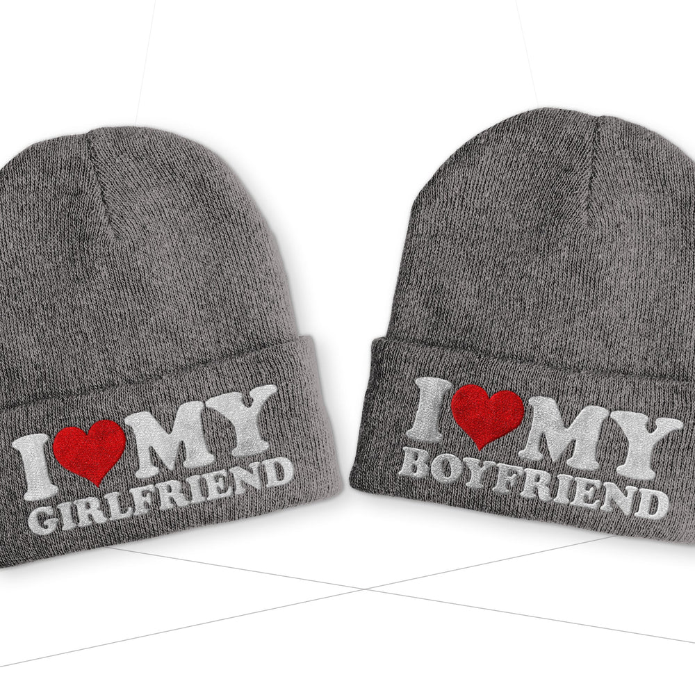 
                      
                        I love my Boyfriend | Girlfriend Duo Statement Wintermütze Beanie Partnermützen - Grau
                      
                    