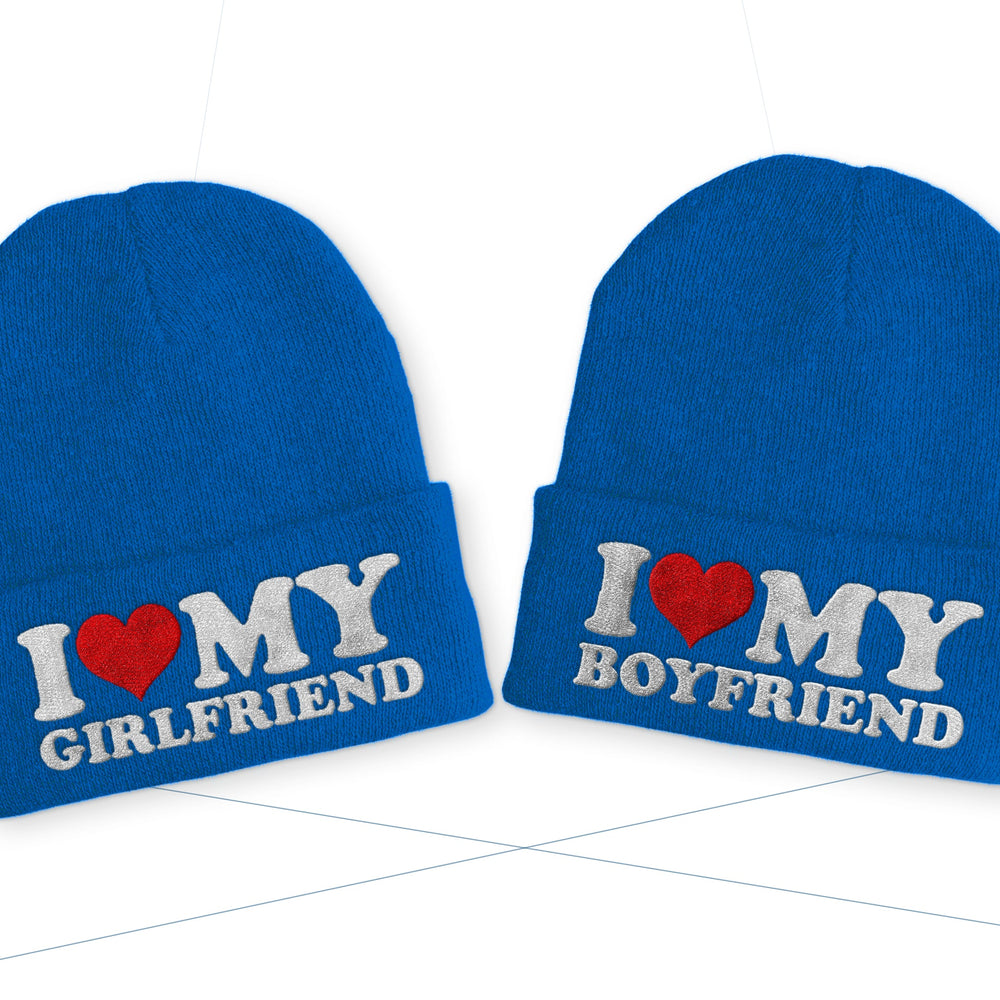 
                      
                        I love my Boyfriend | Girlfriend Duo Statement Wintermütze Beanie Partnermützen - Blau
                      
                    