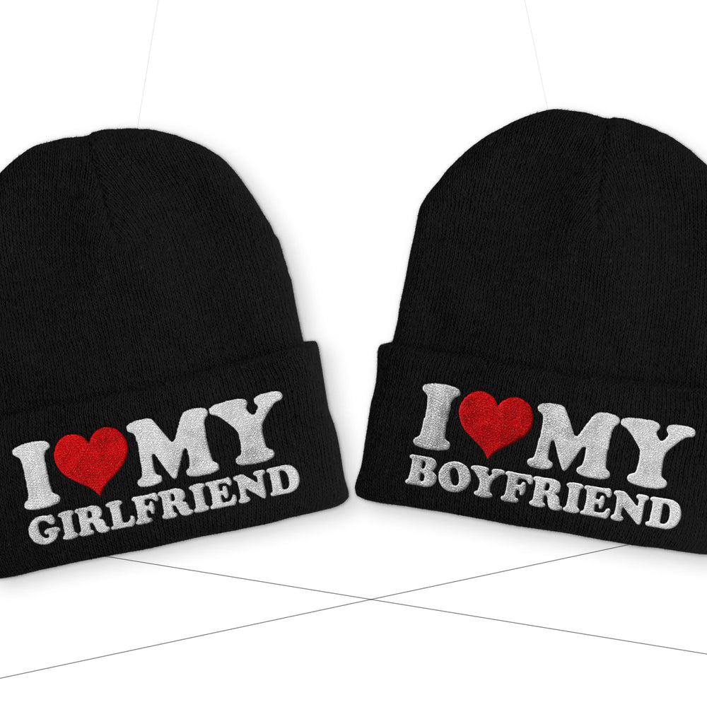 
                      
                        I love my Boyfriend | Girlfriend Duo Statement Wintermütze Beanie Partnermützen - Schwarz
                      
                    