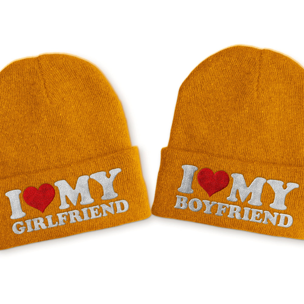 
                      
                        I love my Boyfriend | Girlfriend Duo Statement Wintermütze Beanie Partnermützen - Mustard
                      
                    