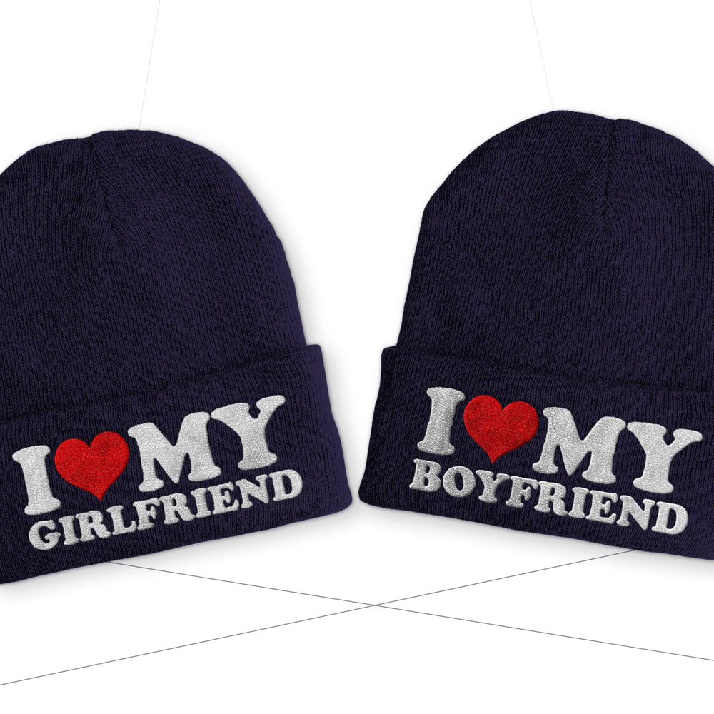 
                      
                        I love my Boyfriend | Girlfriend Duo Statement Wintermütze Beanie Partnermützen - Navy
                      
                    