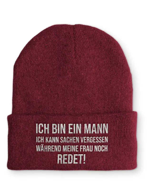 
                      
                        Ich bin ein Mann kann Sachen vergessen während meine Frau noch redet! Statement Beanie Mütze mit Spruch - Bordeaux
                      
                    