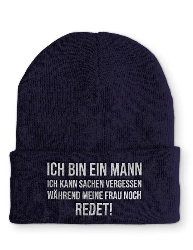 
                      
                        Ich bin ein Mann kann Sachen vergessen während meine Frau noch redet! Statement Beanie Mütze mit Spruch - Navy
                      
                    