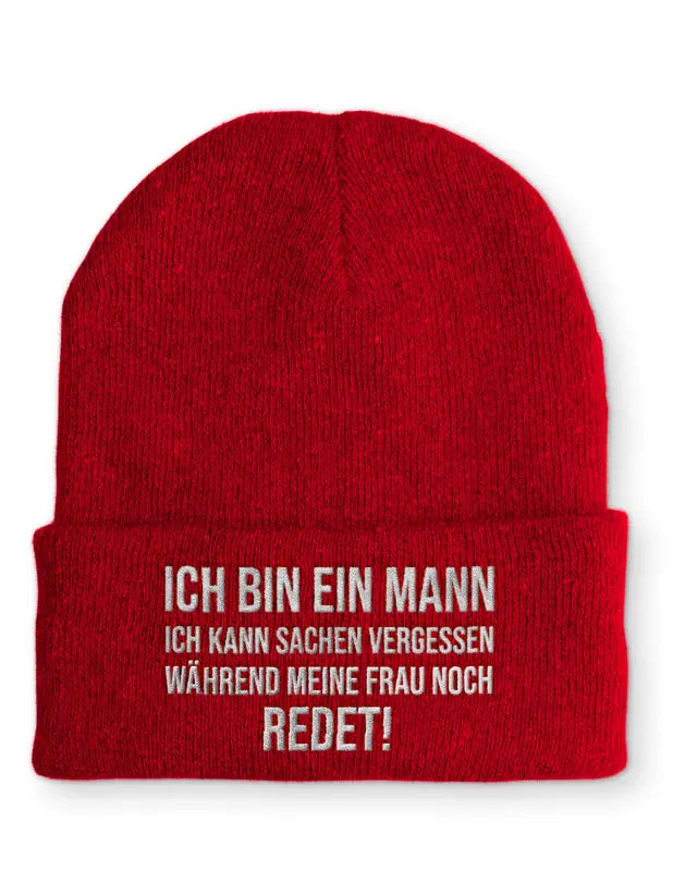 
                      
                        Ich bin ein Mann kann Sachen vergessen während meine Frau noch redet! Statement Beanie Mütze mit Spruch - Rot
                      
                    