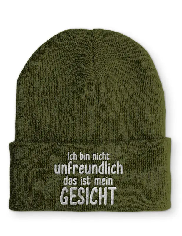 
                      
                        Ich bin nicht unfreundlich das ist mein Gesicht Statement Beanie Mütze mit Spruch - Olive
                      
                    