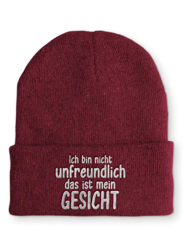 
                      
                        Ich bin nicht unfreundlich das ist mein Gesicht Statement Beanie Mütze mit Spruch - Bordeaux
                      
                    