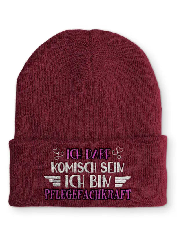 
                      
                        Ich darf komisch sein bin Pflegefachkraft Statement Beanie Mütze mit Spruch - Bordeaux
                      
                    